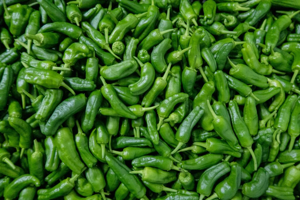 A large pile of fresh green chili peppers perfect for food photography and culinary uses.